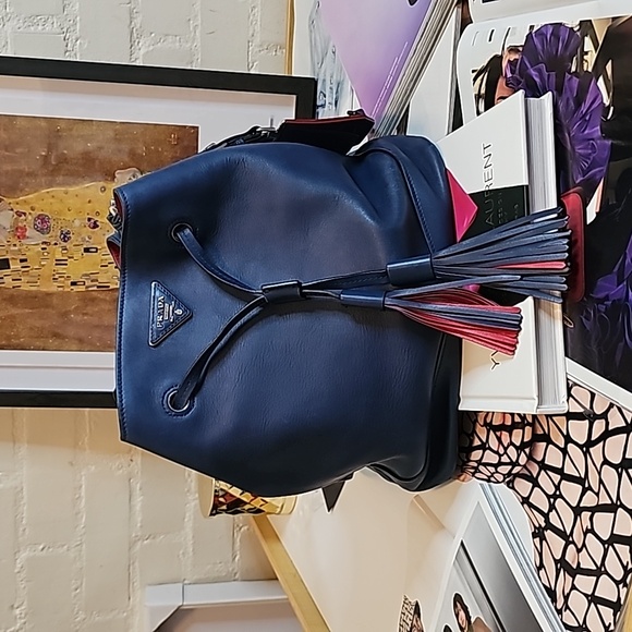 PRADA Authentic Blue Calf Leather Bucket Bag with Fringe Detail UPDATED 💙 - Picture 3 of 17